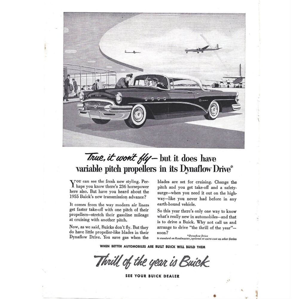 Dynaflow Drive 1955 Buick Sedan Car1950s Vintage Print Ad 9 inch Tall